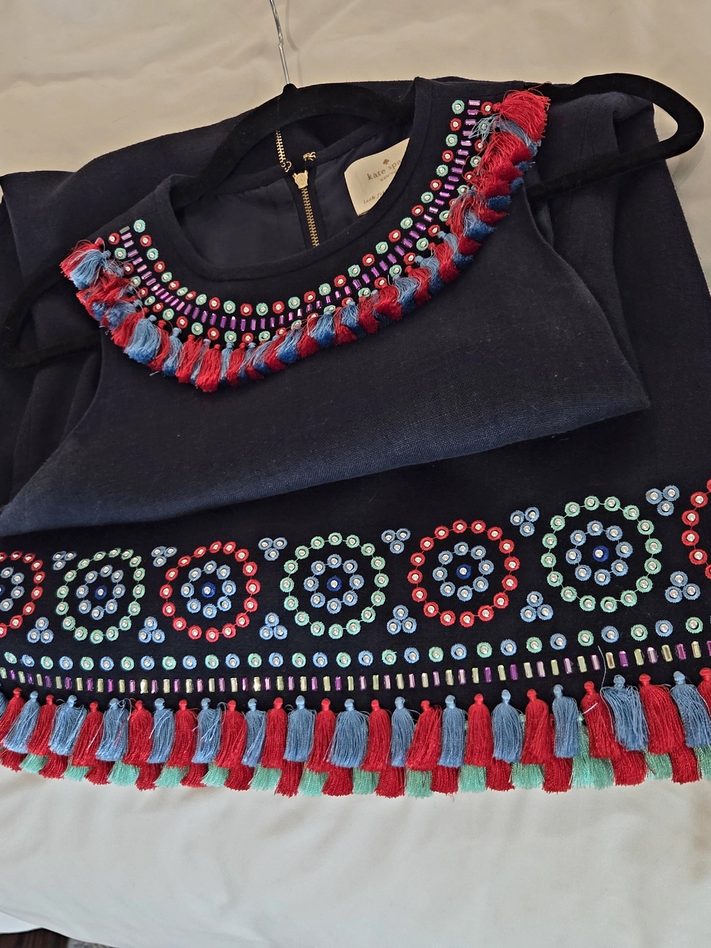 Kate Spade, Navy Embellished Tassel Sweater with Multicolor Beading - Picture 4 of 6